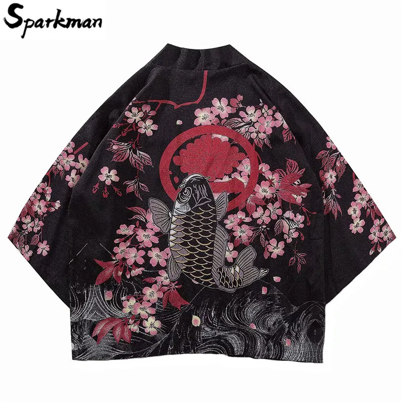 الصينية نمط حظا سعيدا الذهب الأسماك طباعة كيمونو السترات 2018 الخريف عارضة رجل المتناثرة الشارع الشهير سترة معطف الصيف رقيقة ثوب