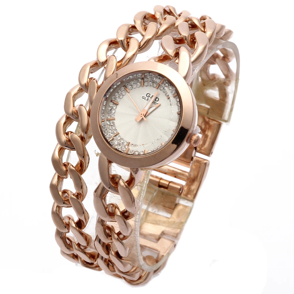 

XG42 2016 Brand New G&D Women Watch Double Chain Rose Gold Stainless Steel Band Rhinestone Luxury Fashion Quartz Wrist Watches