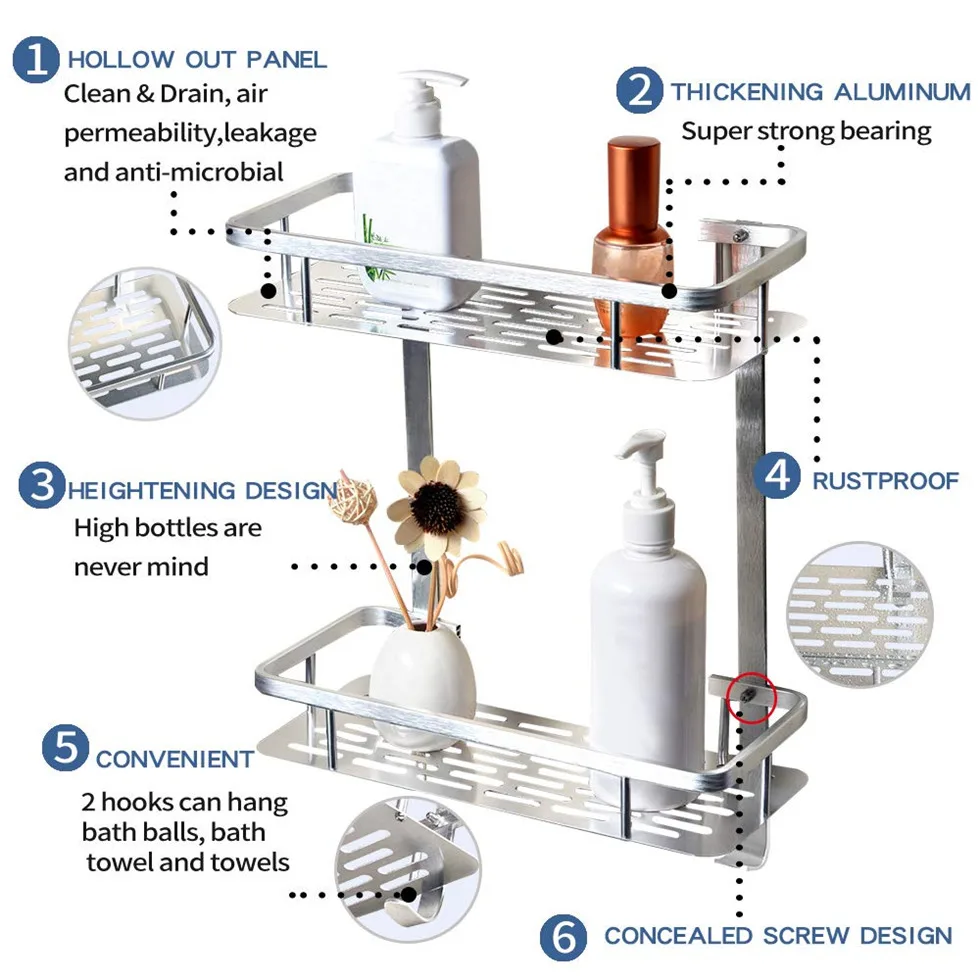 Полка для ванной комнаты без сверления, 2 яруса, настенный угловой органайзер для душа, подвесной прямоугольный органайзер для хранения, кухонный шампунь, Туалет
