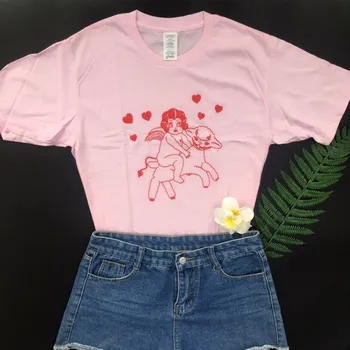 

PUDO-WW Cherub Lamb Sheep Cute Tees Summer Fashion Pink Angel Casual Women Top Funny T-Shirt Tumblr Short Sleeves T-Shirt
