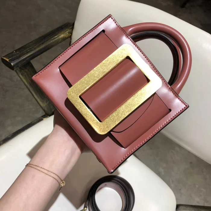 

2019 leather new ins belt generous buckle fashion bag wide shoulder strap metal small square bag leather shoulder slung handbag