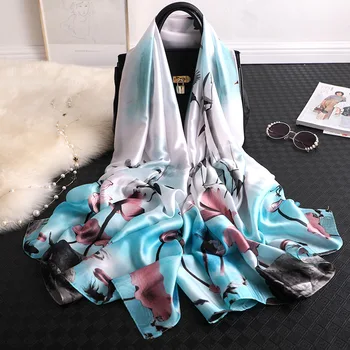 

Lotus Floral Silk Scarf for Women Bright Print Foulard Large Soft Long Shawl Hot Elegant Colors Design [3369]