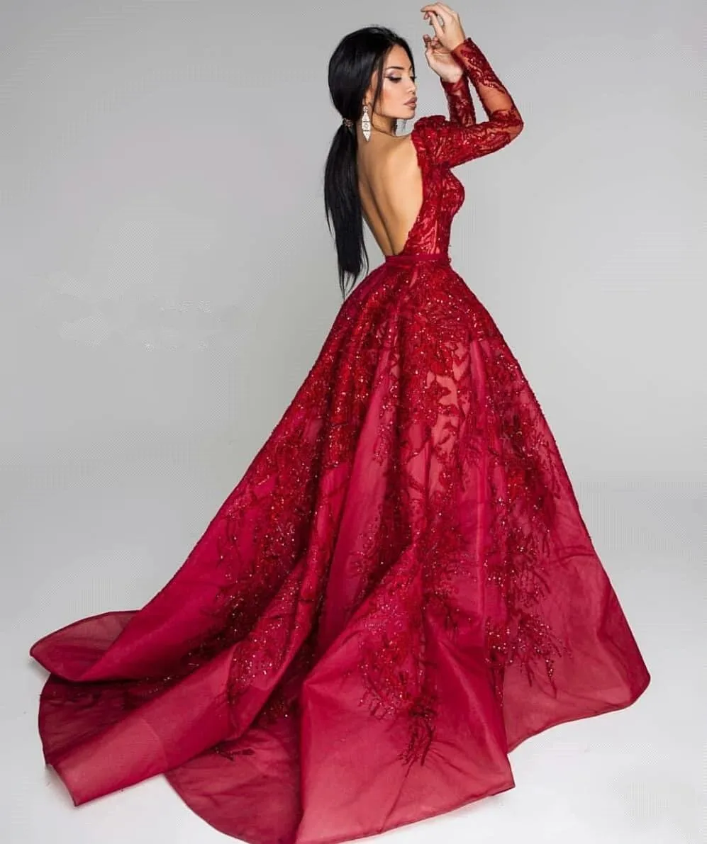 Роскошные винно-Красные кружевные бисерные вечерние платья с длинными рукавами, сексуальные платья с открытой спиной и высоким разрезом сбоку для выпускного вечера, торжественное платье Vestidos