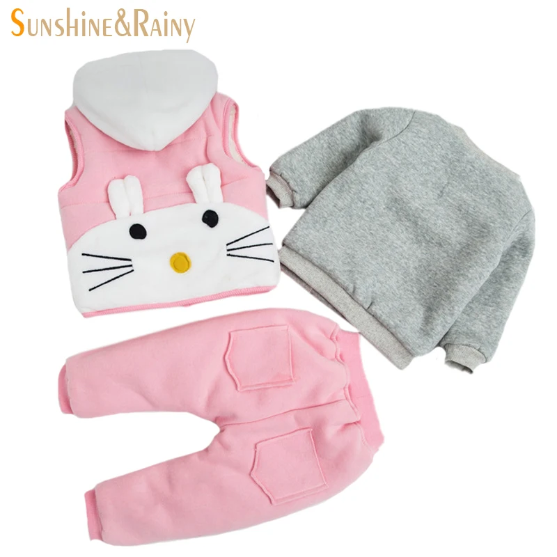 

Girls Clothing Sets Cute Cat Embroidery Plus Velvet Warm Kids Sets Winter Thick Sweater+Vest+Pants 3Pcs Suit Tracksuit For Girls