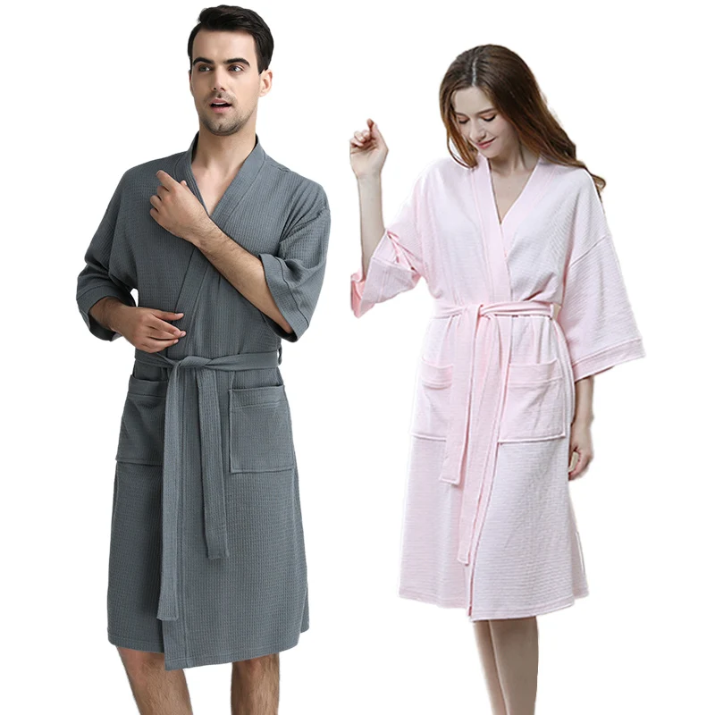 Хлопок размера плюс вафельное кимоно банные мужские халаты полотенце впитывает пот длиной до колен мужской летний сексуальный халат для женщин