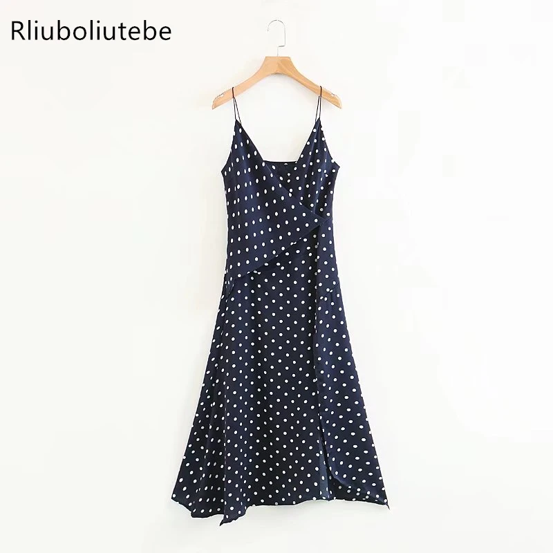 

Sexy Split Long Spaghetti Strap Polka Dot Dress Women Deep V Neck Sleeveless Off Shoulder Backless Flowing Dress Beach Summer