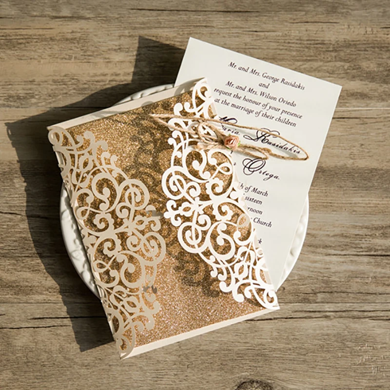 

100Kit Design Flower Pattern Laser Cut Invitations Cards Ribbon decoration Fold Customize Wedding Paper Card Convites de casamen