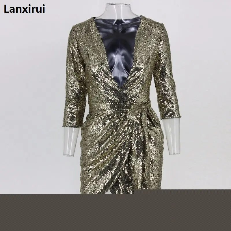Модное Брендовое новое платье с блестками для женщин, золотые и черные мини-платья с глубоким v-образным вырезом и рукавом до локтя, Vestidos