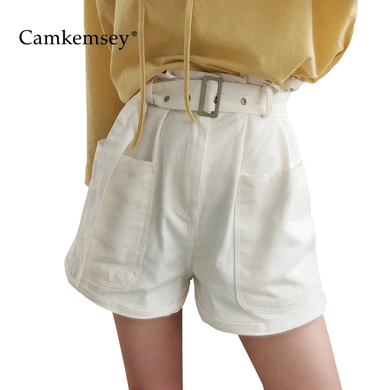 

CamKemsey Summer High Waist Wide leg Shorts For Women 2019 Fashion Big Pockets Casual White Denim Shorts With Sashes