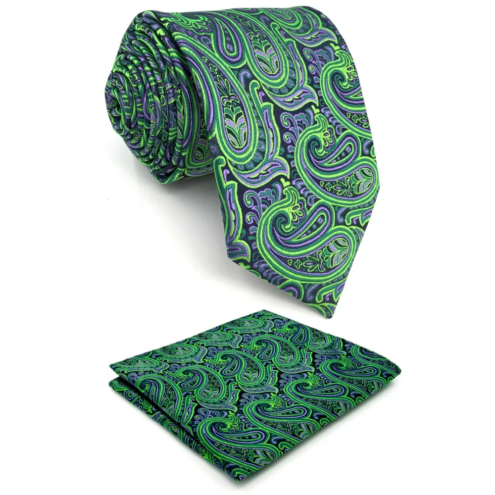 Дополнительный длинный размер Пейсли зеленый фиолетовый, черный Для мужчин s комплект шейных платков 100% шёлковый жаккардовый тканый