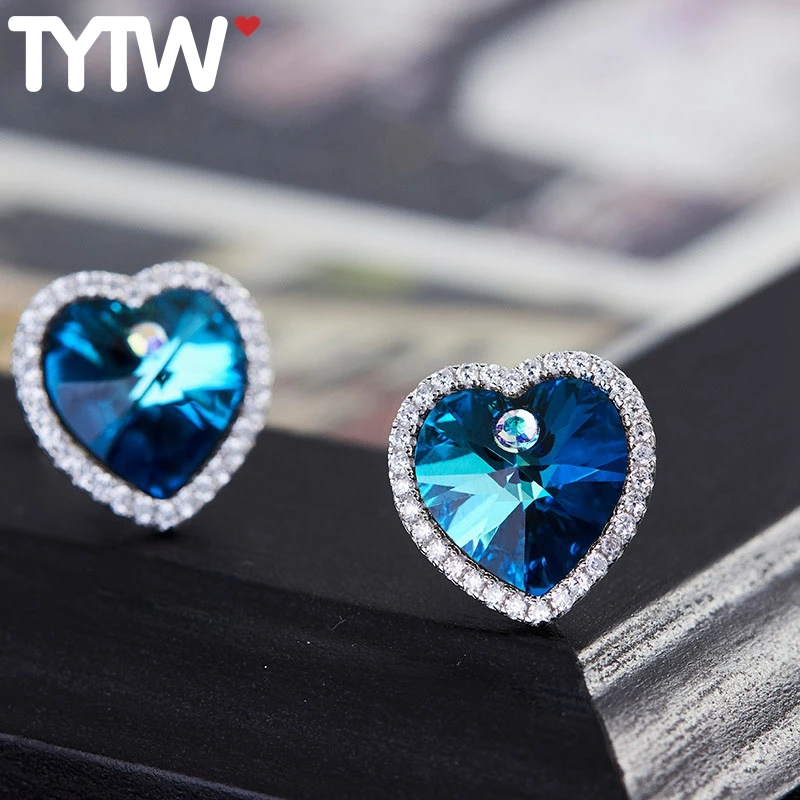 

TYTW 925 Sterling Silver Earring Crystals from Austrian Women Korea Fashion Brand Earring Blue Heart Crystal Earbob
