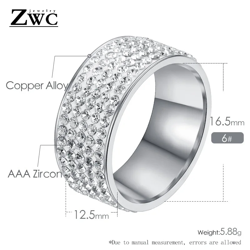 ZWC модное кольцо из нержавеющей стали со стразами золотого и серебряного цвета для женщин и мужчин, свадебное кольцо 8 мм, 5 ряд кристаллов, винтажное обручальное кольцо, ювелирное изделие