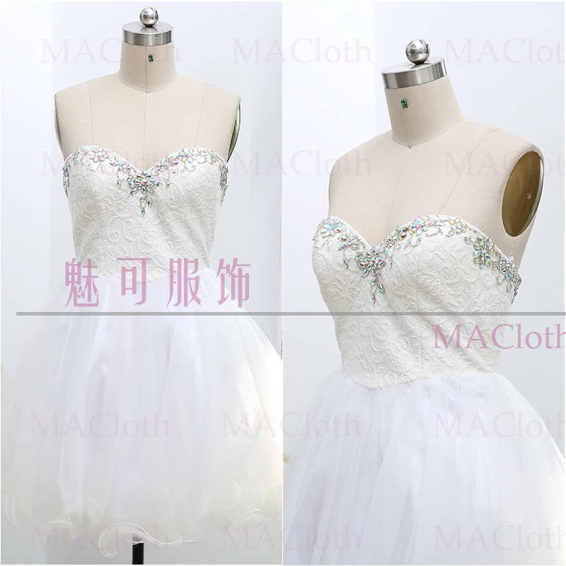 

MACloth White Ball Gown Strapless Knee-Length Short Crystal Tulle Prom Dresses Dress M 261458 Clearance