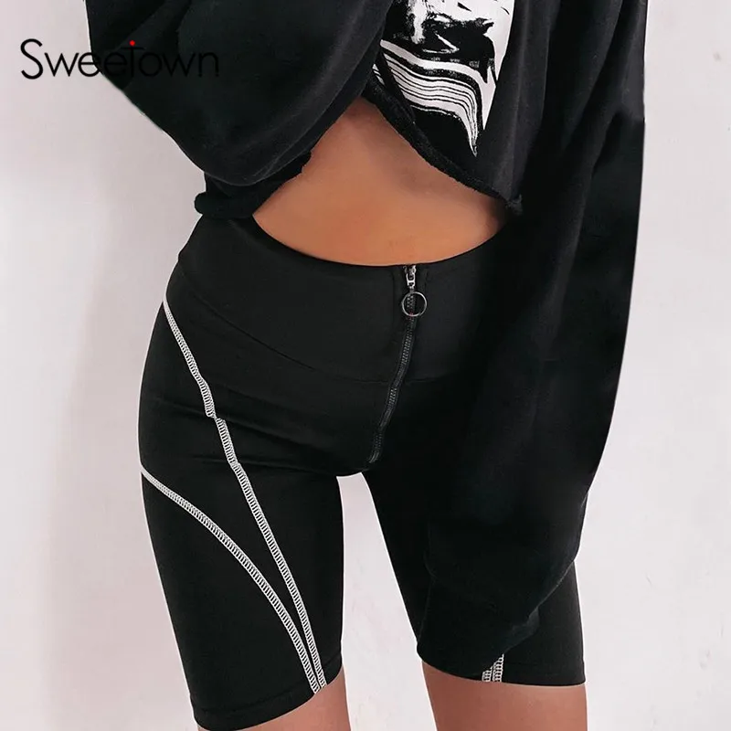 

Sweetown Black Slim Sexy High Waist Biker Shorts Women Zipper Striped Push Up Sports Capri Summer Shorts Fitness Clothing