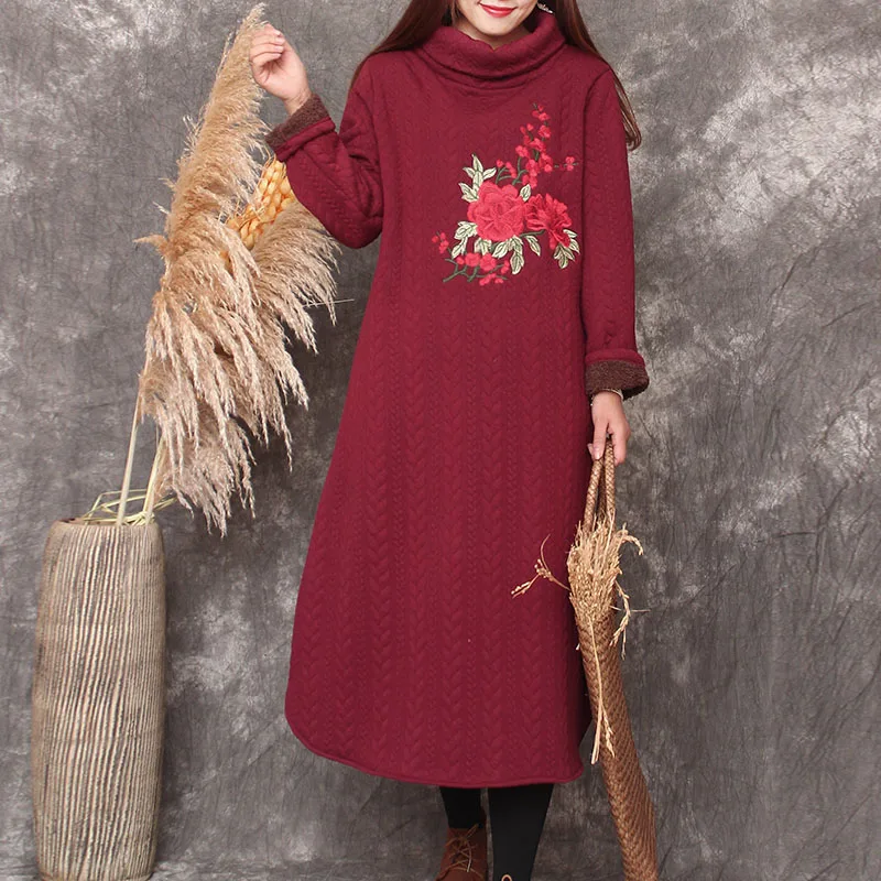 

Winter women large size tall neck embroidery dresses robe autumn turtleneck long sleeve loose thick fleece warm loose dress gown