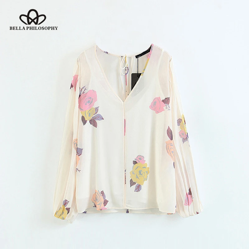 

Bella Philosophy 2018 Spring Women Sweet Blouse Long Sleeve Print Two Piece Suit Fashion V Neck Blouse Casual Chiffon Women Tops