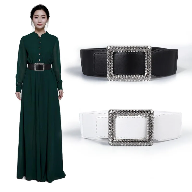 

luxury crystal Design female elastic wide waistband fashion rhinestone buckles Elastic skirt wide belt for Women Designer Belt