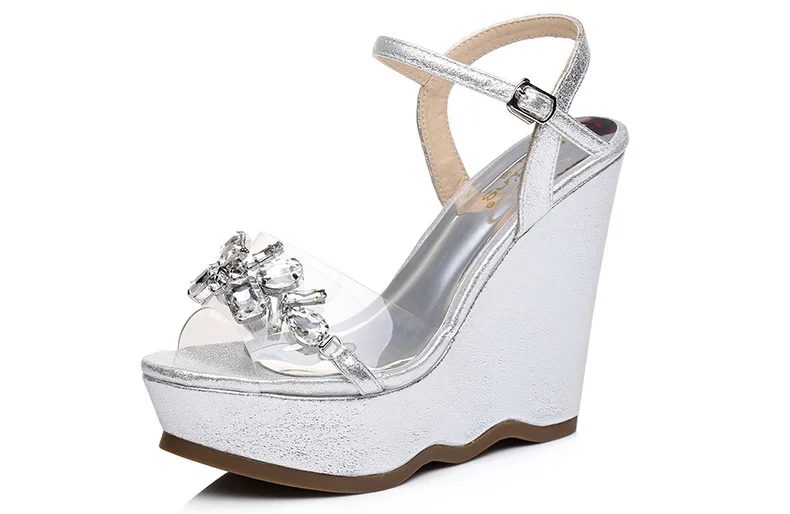 36_2016 New Gold Platform Wedges Sandals Female Summer Sandal Silver Heels Rhinestone Buckle Transparent Casual Shoes For Woman