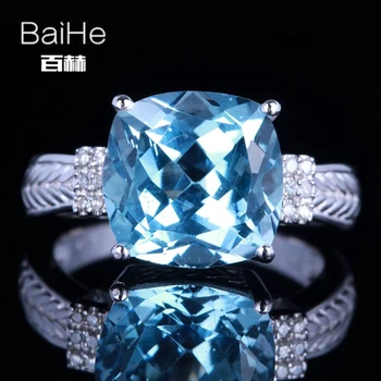 

BAIHE Solid 14K White Gold(AU585) 4.78CT Certified Genuine Sky Blue Topaz Cushion Wedding Women Fine Jewelry Blue Topaz Ring