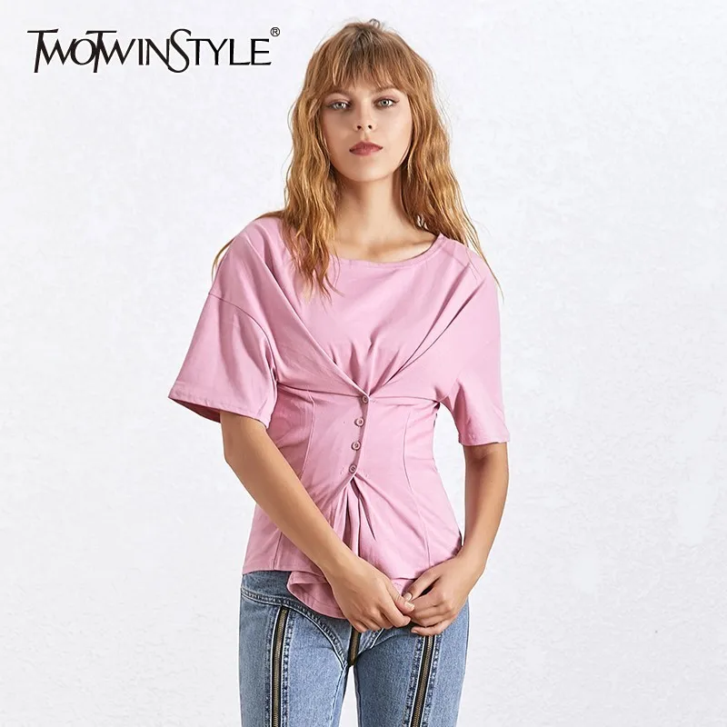 

TWOTWINSTYLE Summer Solid Skew Collar T Shirt Women Off Shoulder Short Sleeve Slim Button Irregular Clothing Female Fashion New