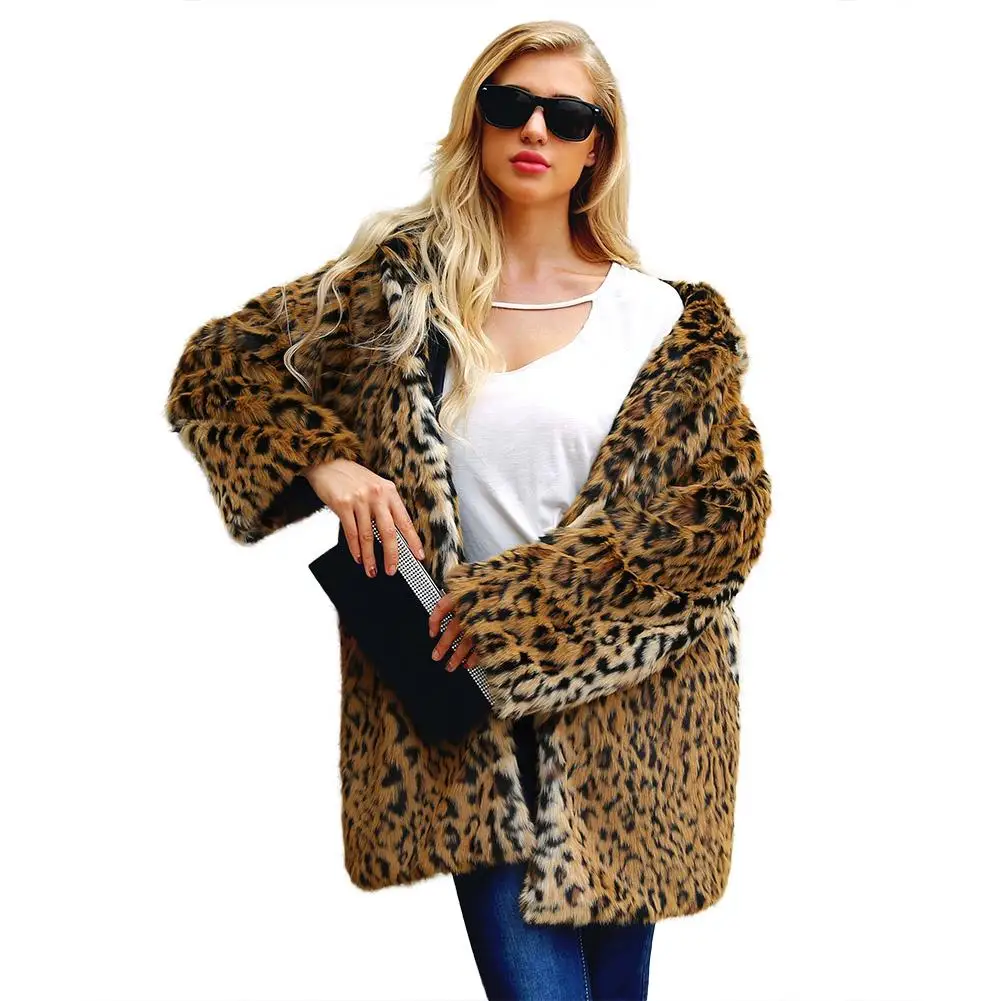 Elegant Faux Fur Coat Women 2018 Leopard print Autumn