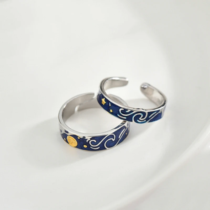 Qevila 100% 925 Sterling Silver Van Gogh Ring Adjustable Starry Sky Moon Enamel men Ring For Women Lover Engagement Wedding Ring (12)