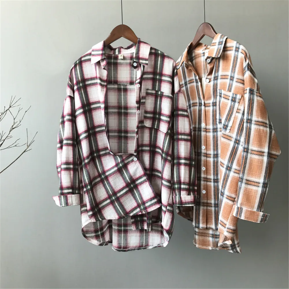 Autumn Boyfriend Style Women Blouse 2018 All Occasion Match casual College shirt long sleeve turn-down collar Plaid Office Shirt (19)