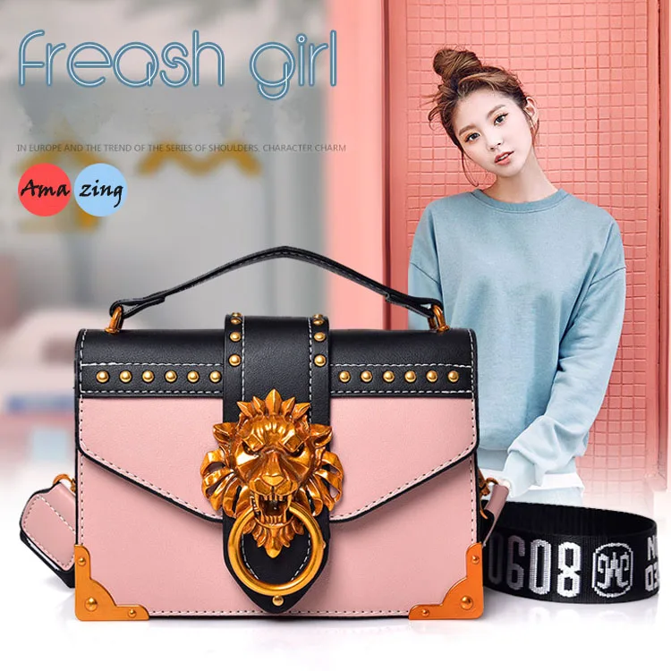 2018 Female Brand PU leather messenger bag for women Luxury Rivet Handbag Girls CrossBody Shoulder Satchels With Metal Lion Lock (3)