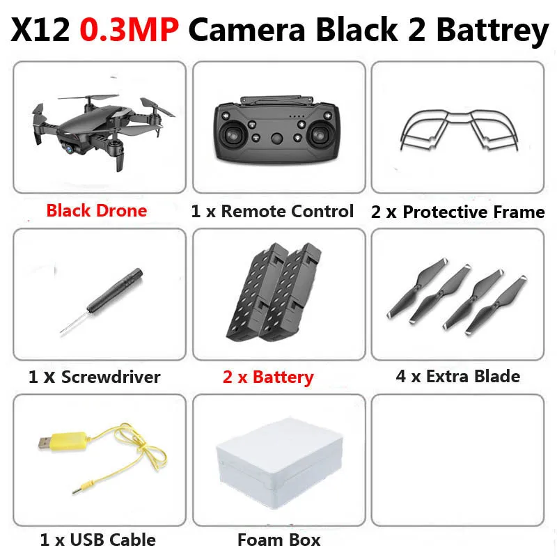 X12 WiFi FPV Mini Foldable Drone Camera 0.3MP 2MP HD Optical Flow Aerial Video Profissional RC Quadcopter Helicopter Toys SG106 - Цвет: 0.3MP Black 2B Foam