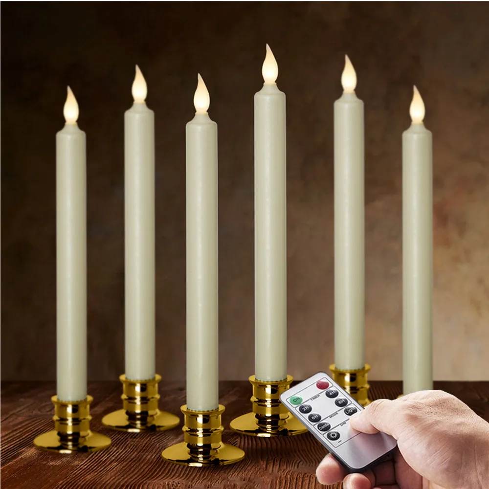 6pcs Ivory flameless LED Taper Candles with Gold Candle Holder 10 Inch