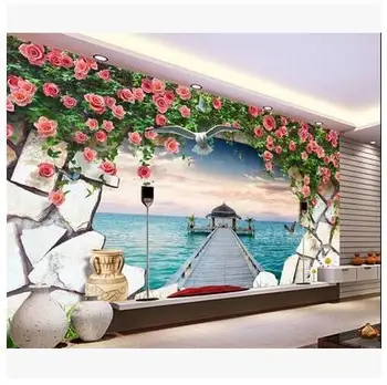 

Custom 3d wallpaper Mediterranean rose vine orchid piers large seascape paintings lie sofa sitting room wallpaper
