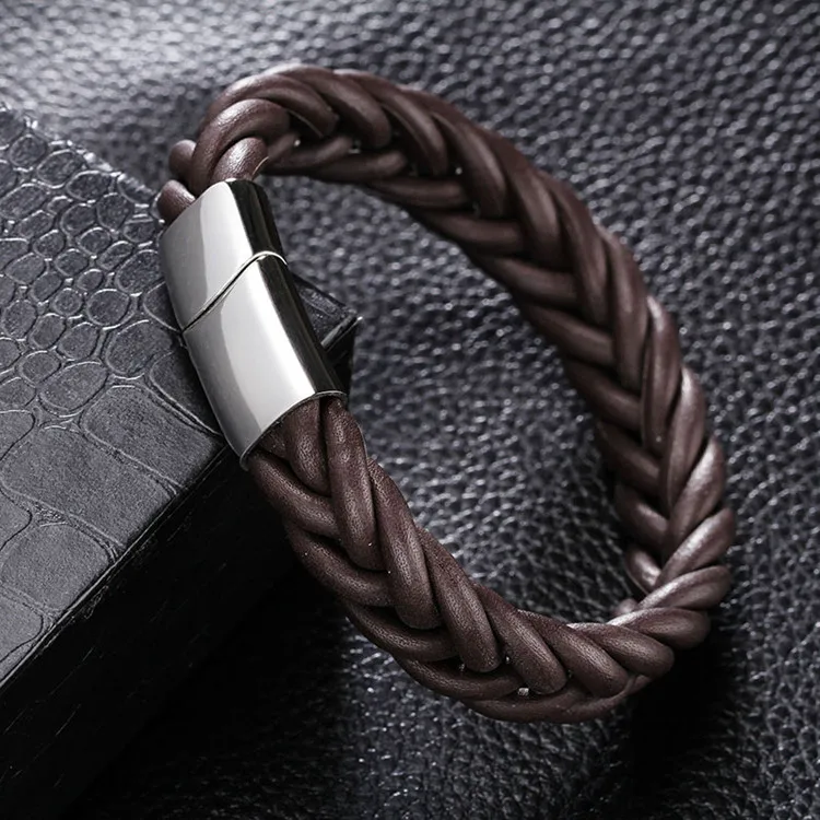 

MOGE Fashion Men Jewelry Black Brown Braided Genuine Leather Bracelet Men Stainlees Steel Cuff Bracelets&Bangles Men Jewelry
