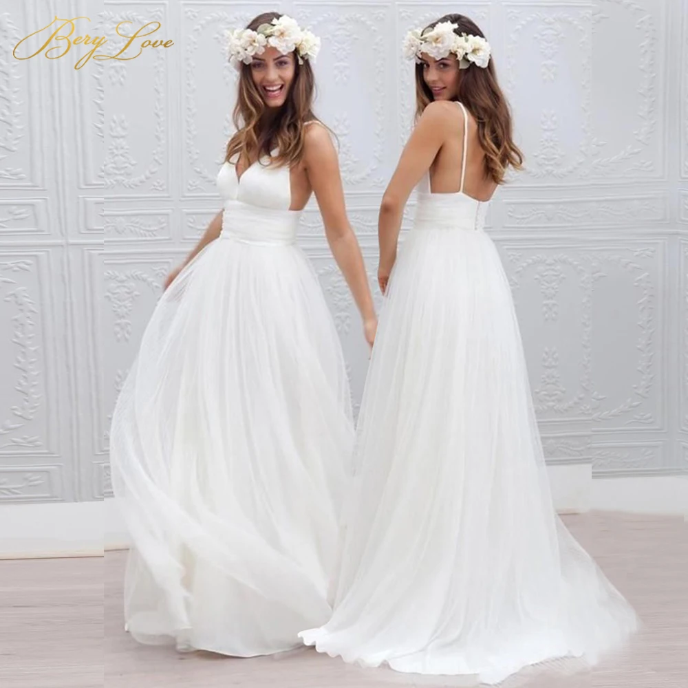 

BeryLove Ivory V neck Wedding Dress 2019 Sexy vestidos de novia Empire Open Back robe de mariee Beach Wedding Gown Bride Dress