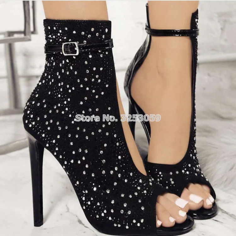 ALMUDENA Black Open Toe Bling Silver Crystal Ankle Boots Cut-out Buckle Strap Stiletto Heels Wedding Banquet Shoes | Обувь