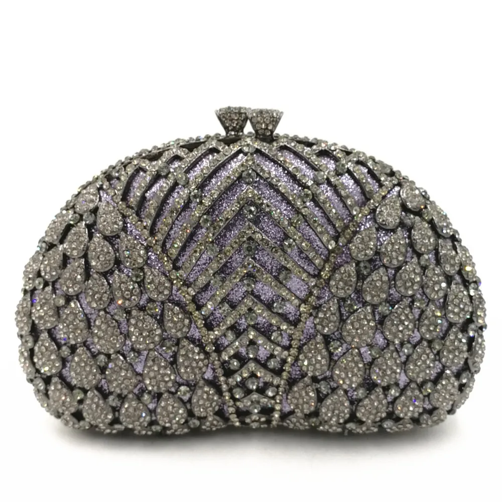 

New Arrival White Crystal Black Metal Purple Evening Bag Clutch Women Party Purse Fashion Hollow Out Daimonds Ladies Handbags