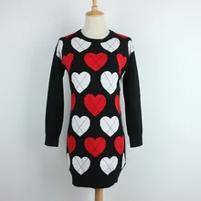 2018 autumn and winter red and white love long paragraph dress Tiantong heart-shaped jacquard knitted dresses