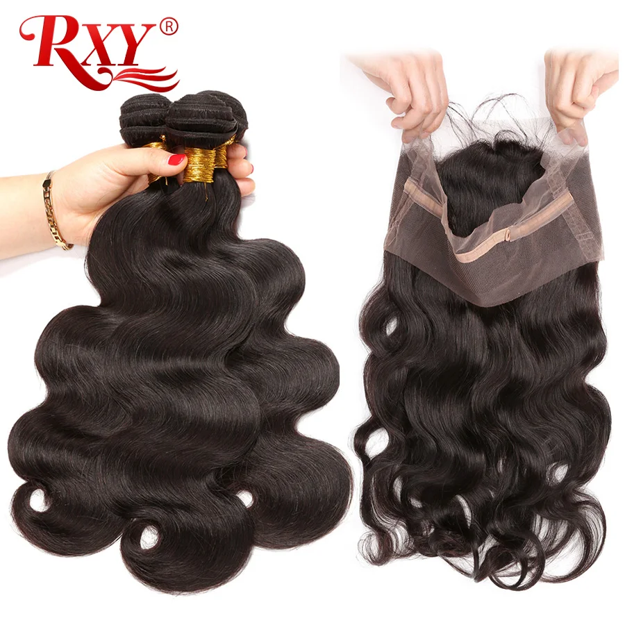 RXY Remy Hair 3 Bundles Brazilian Body Wave Human Hair Weave Bundles With Frontal Closure 360 Lace Frontal With Bundle 4 PcsLot (1)