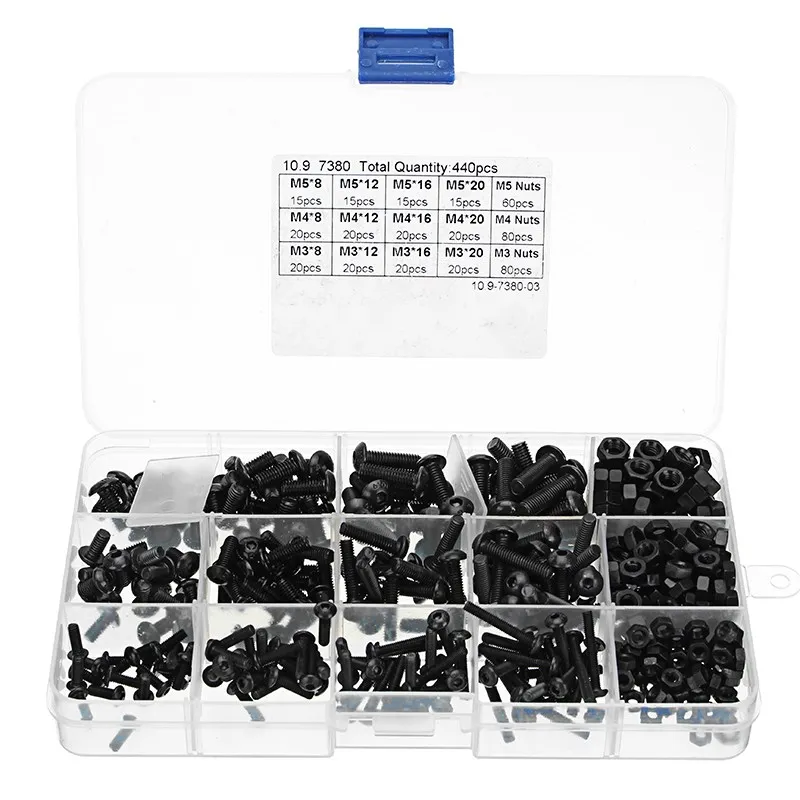 

New 440pcs M3 M4 M5 Carbon Steel Black Hex Socket Screws Button Head Bolts Nuts Assortment Kit Set High Quality
