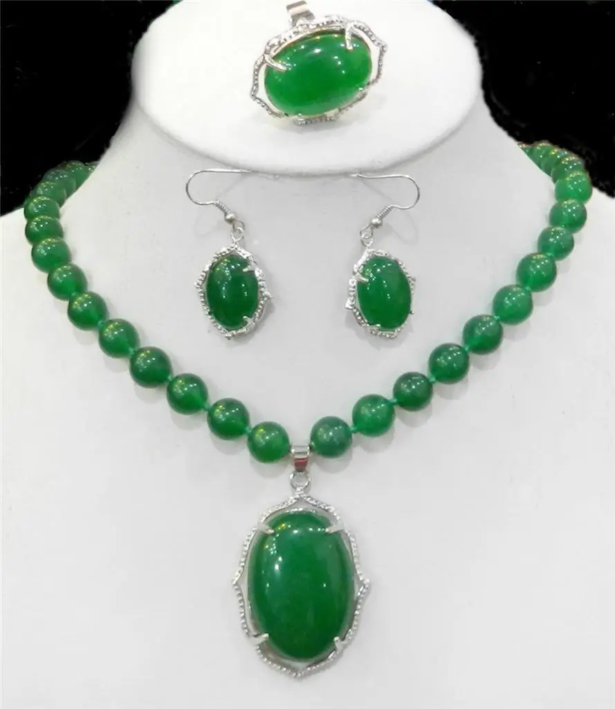 Натуральный очаровательный зеленый нефрита драгоценных камней ожерелье кольцо набор бижутерии из серег