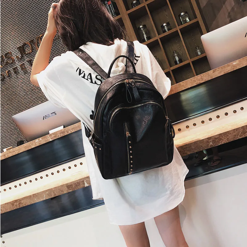 Винтажный женский кожаный рюкзак с коричневыми заклепками, школьная сумка для девочек, женские большие черные рюкзаки, высококачественные дорожные сумки, новинка XA76H - Цвет: Black