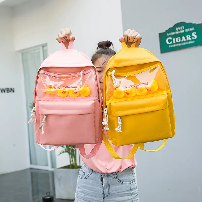 

2019 Summer New Women Shoulder Bag Transparent Duck Backpack College Middle School Student Bag Large Canvas Travel Bag Rucksack