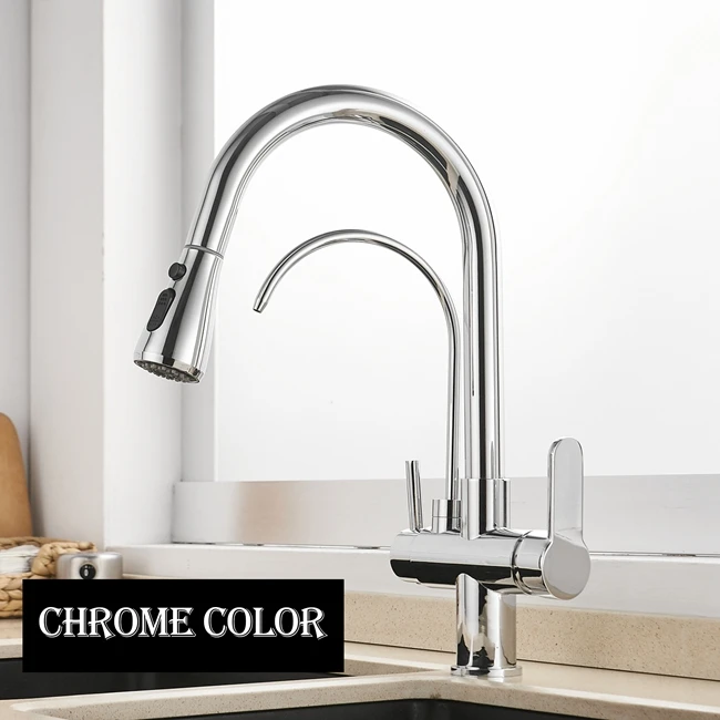 Chrome Color Смеситель для кухни, 3 способа очистки, кран для питья, кран для чистой воды, кран с двойным носиком, смеситель для кухонной раковины, кран - Цвет: Chrome Color