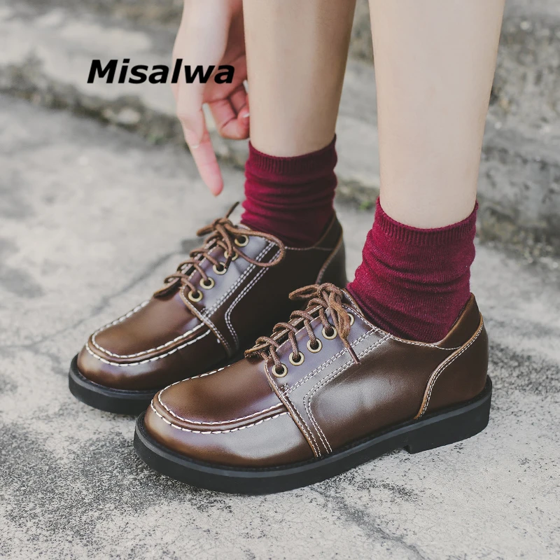 

Misalwa Retro Japanese Style Round Toe Women Casual Leather Shoes Martin Ankle Female Shallow Oxford Boots Winter Women Flats