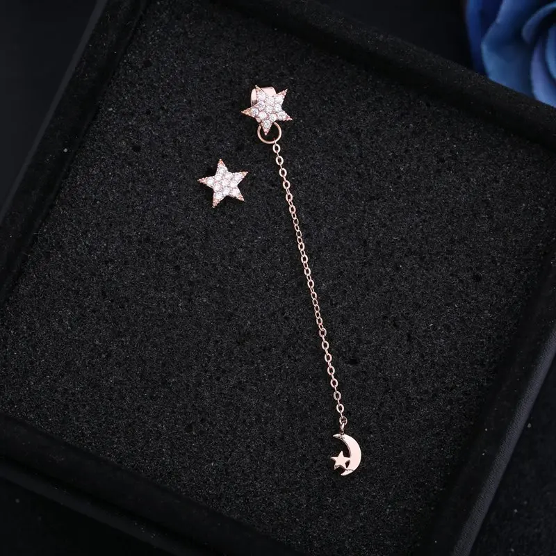 

MIGGA Single Moon Long Tassel Small Star Cubic Zircon Stud Earrings Rose Gold Color Women Girls Brincos