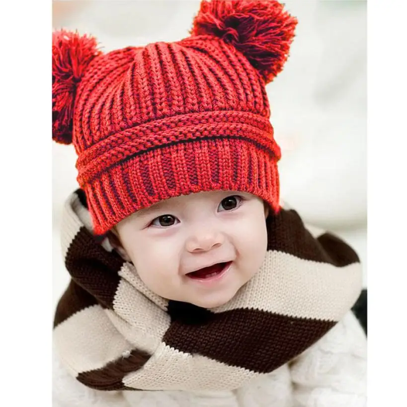 

Cute Baby Kids Girl Boy Dual Balls Warm Winter Knitted Cap Hat Beanie J25