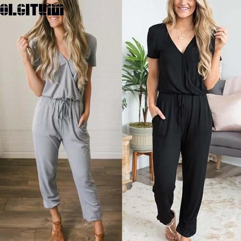 

New 2019 Summer Suit Female Loose Casual Deep V Cross With Belt Tie Pleated Trousers Jumpsuit Ladies Suit WS108
