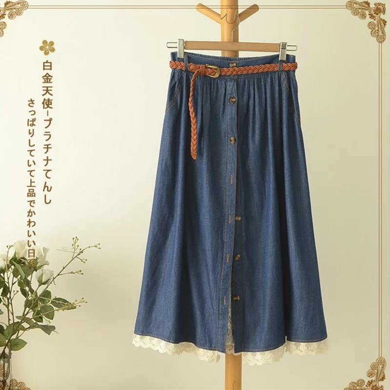 Mori Girl Повседневная Милая юбка женская джинсовая с поясом Однотонная синяя кружевная юбка до середины икры юбки с высокой талией U157 - Цвет: dark blue