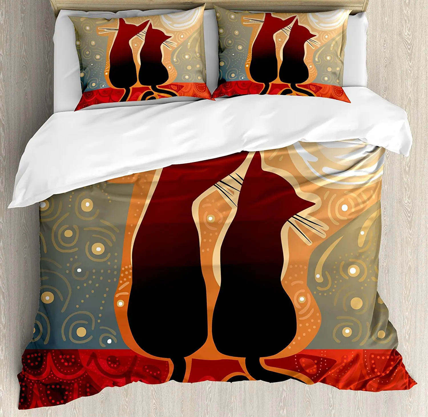 

Animal Duvet Cover Set Female and Male Cats In Love Watching Moon Luna on Stary Sky Print, Decorative 4 Piece Bedding Set