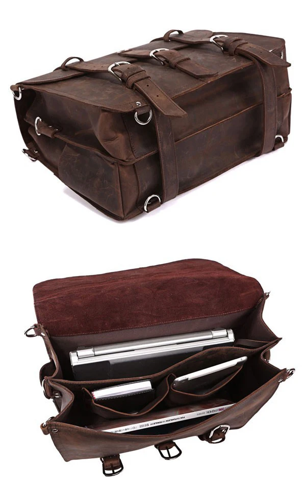 Vintage Crazy Horse Genuine Leather Men Briefcase Business Bag Large Leather Briefcase Male 15.6"Laptop Case Shoulder Bag office 6