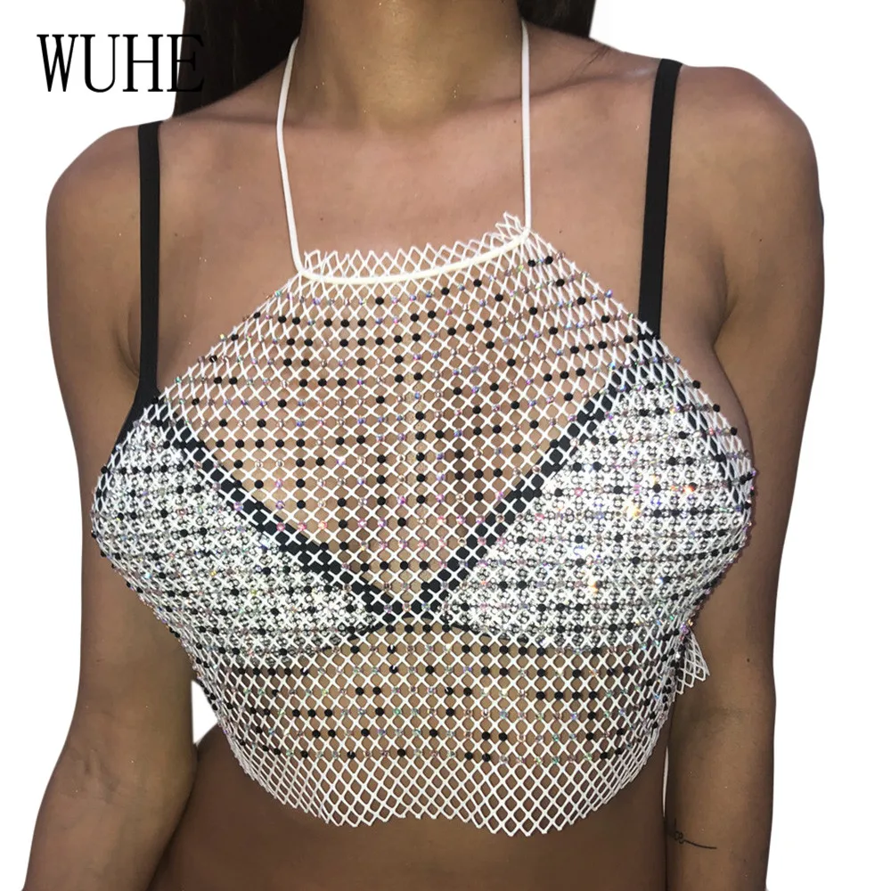

WUHE Sexy Crystal Diamond T-shirt Dress Women Hollow Out Rhinestone Bodycon T-shirt Elegant See Through Sleeveless Overalls